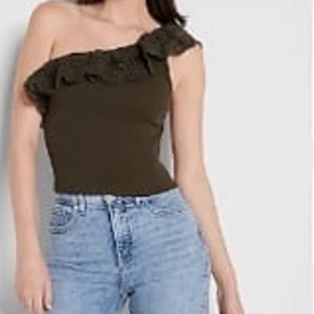 Express Women’s One Shoulder Lace Ruffle Crop Top Green XL